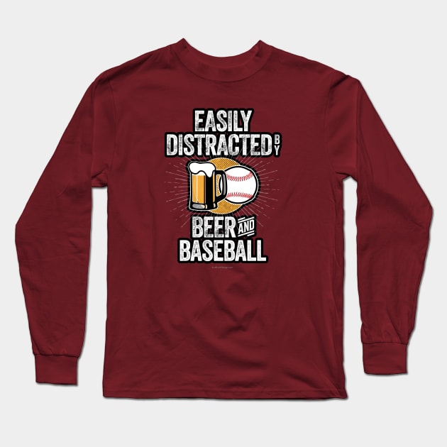 Easily Distracted by Beer and Baseball Long Sleeve T-Shirt by eBrushDesign